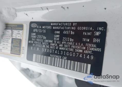 2016 Kia Optima Lx from USA, damaged, VIN 5XXGT4L31GG074149